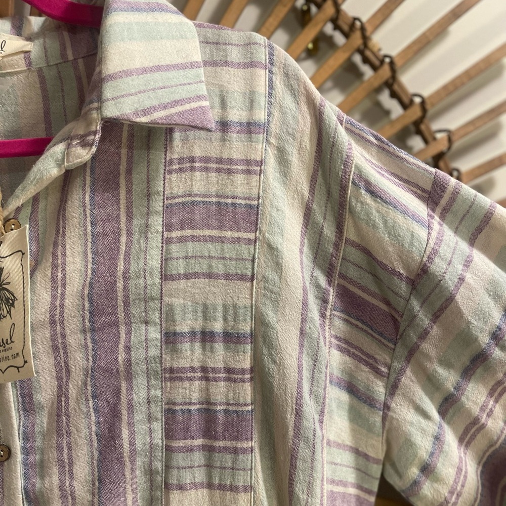 Easel Long Sleeve Linen Blend Purple White Button Up Tunic Dress Boho Beach - Picture 10 of 16
